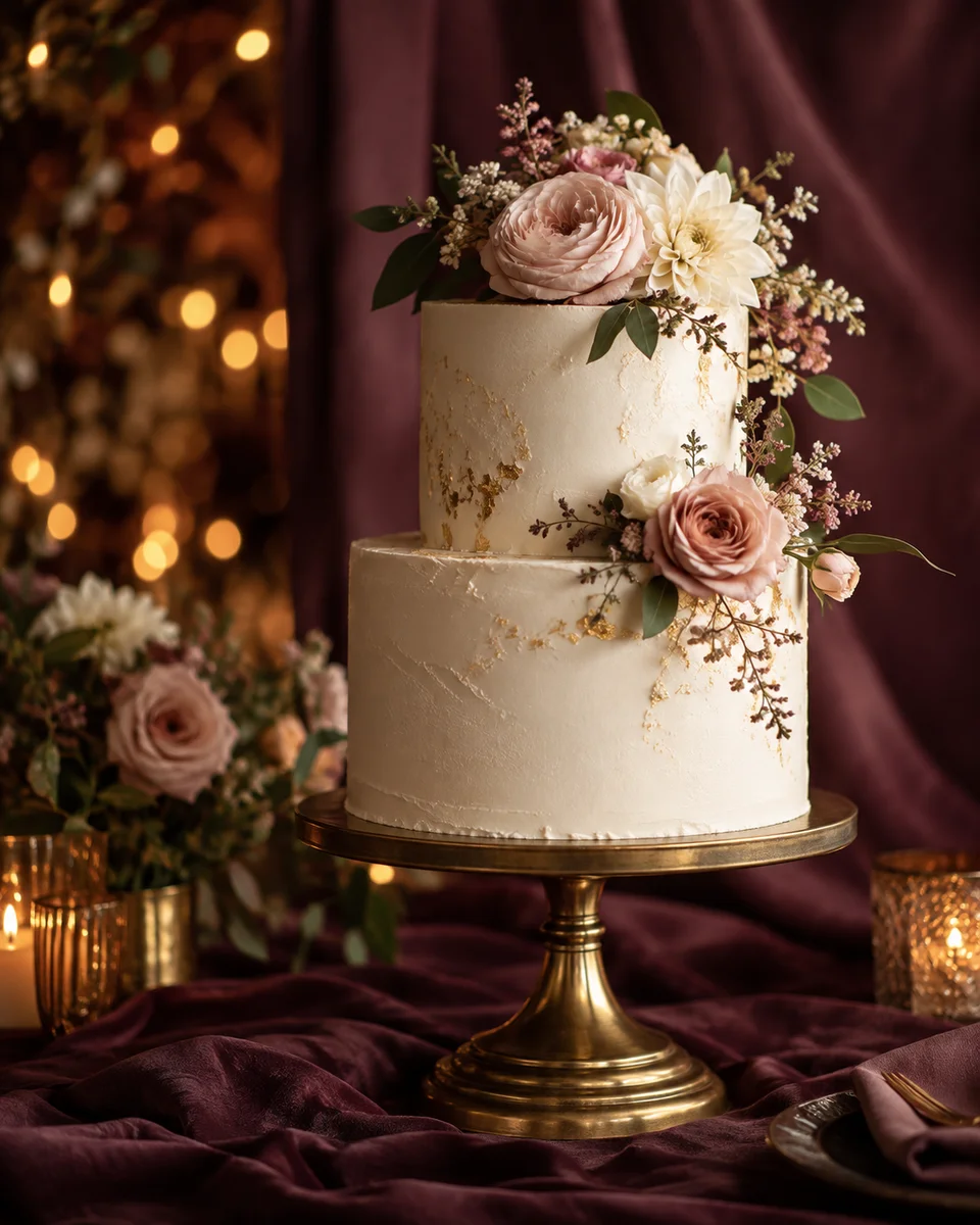 AI-generated inspiration: two-tier ivory cake with blush flowers on a brass pedestal
