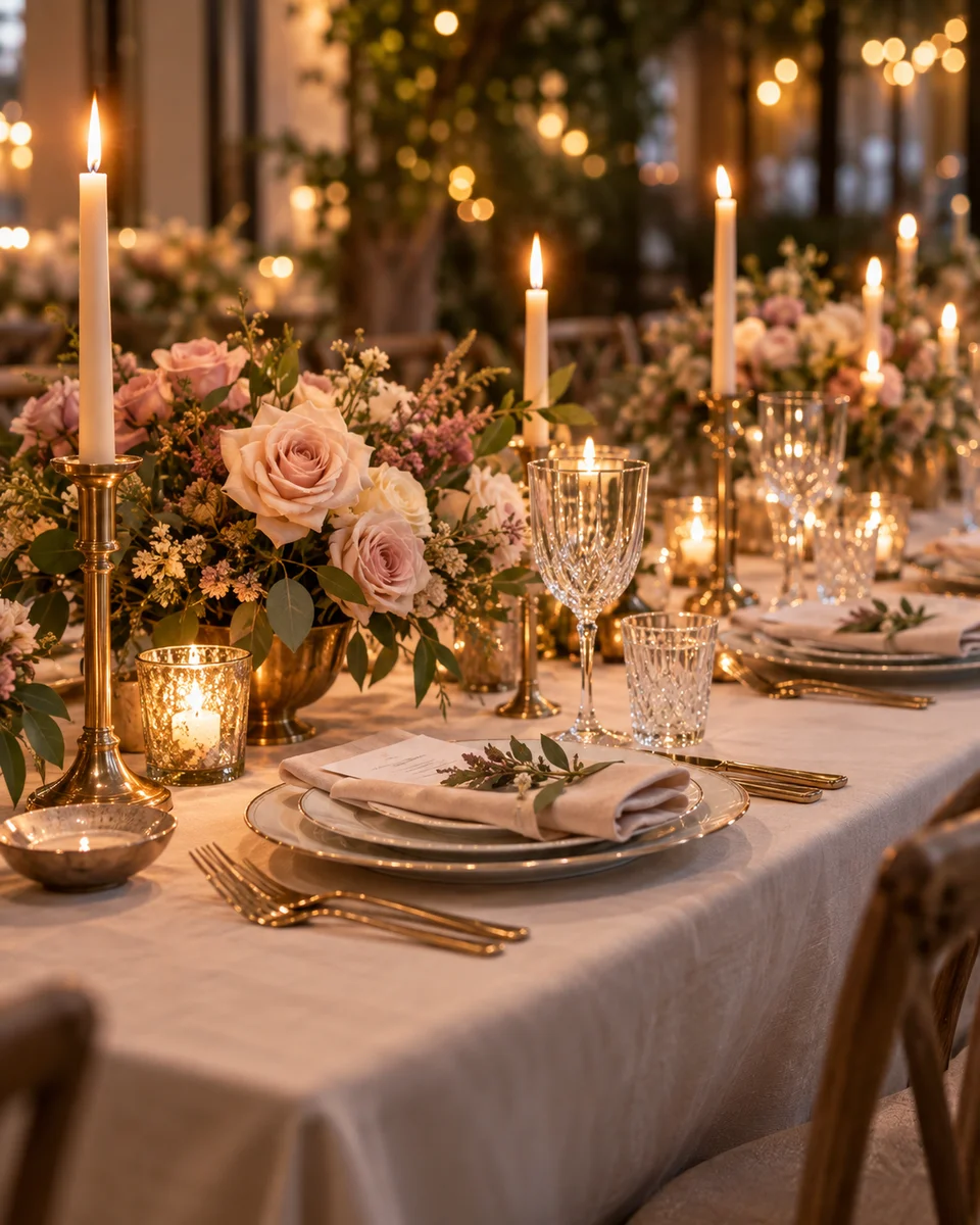 AI-generated inspiration: candlelit dining table with roses and brass candle holders
