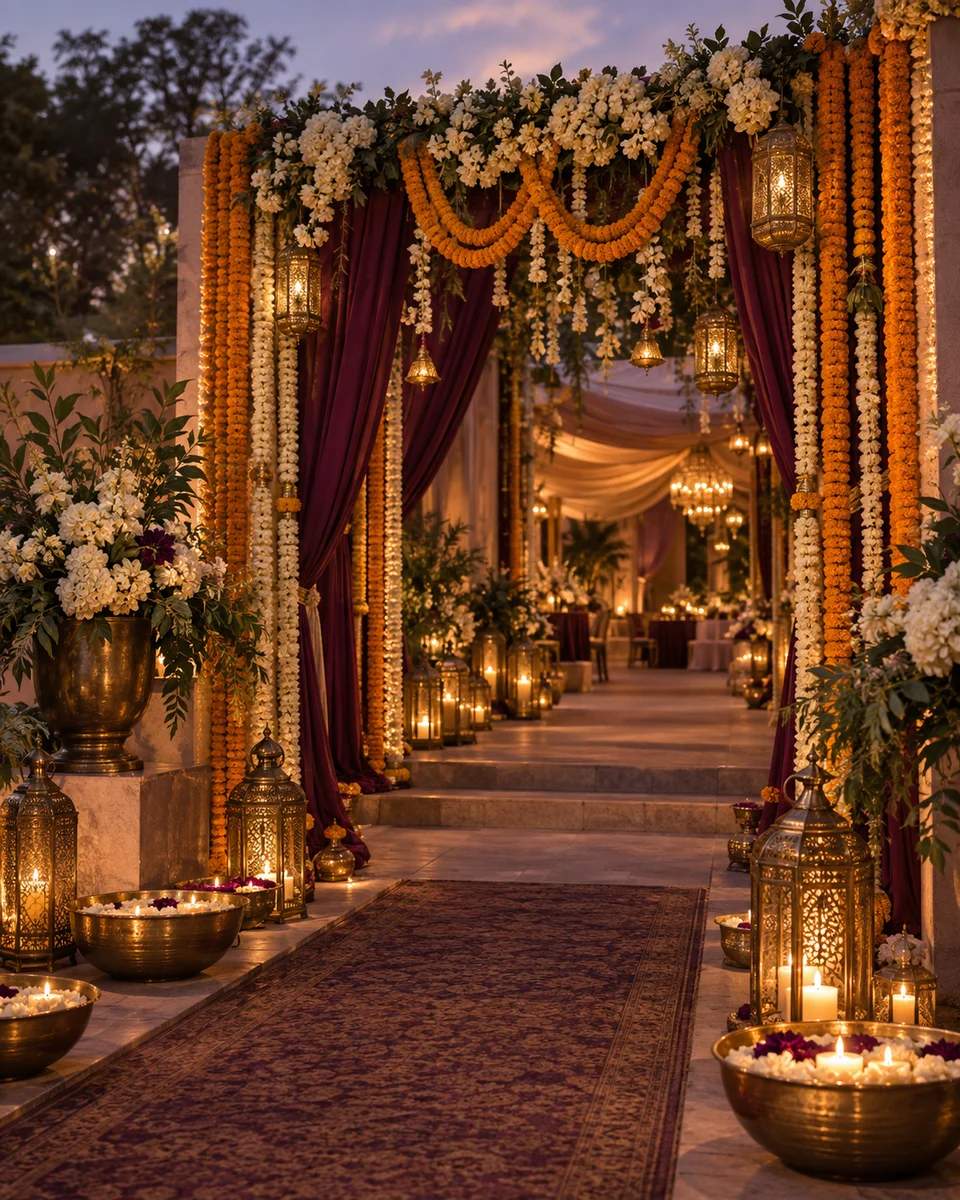 AI-generated inspiration: marigold and lantern decorated celebration entrance