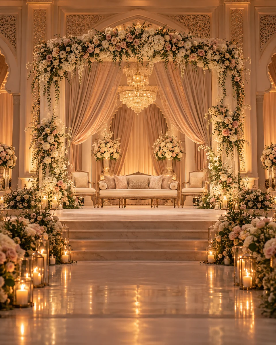 AI-generated inspiration: ivory floral wedding stage with champagne drapery